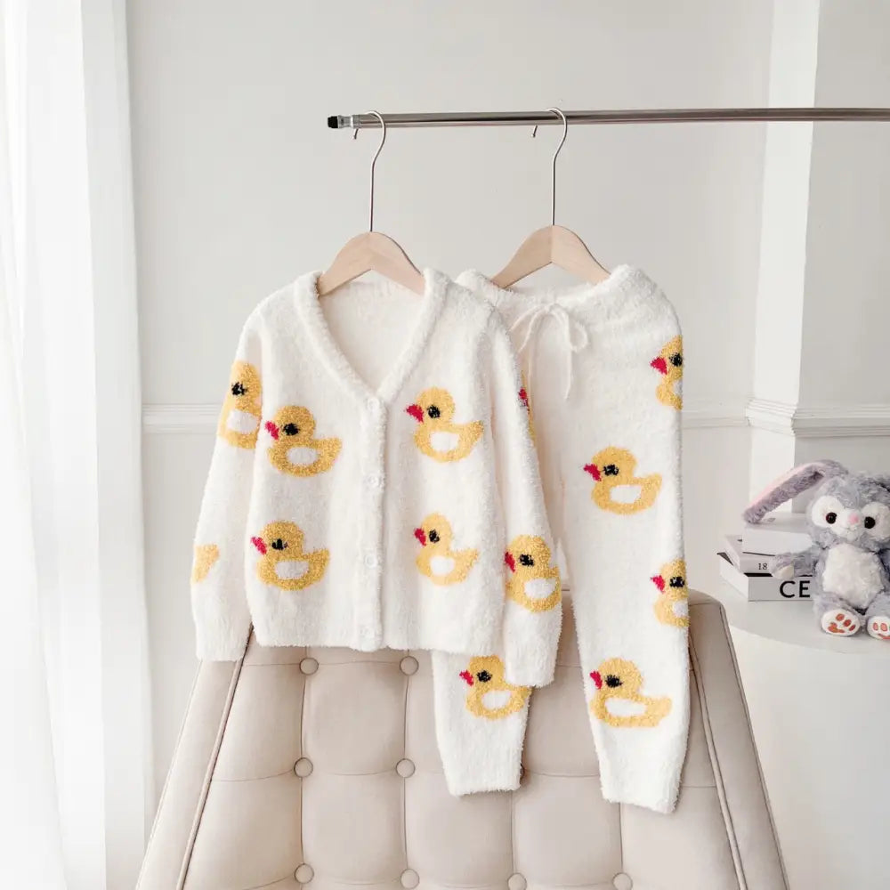 秋冬 ソフト フワフワ 親子 子供 可愛い 黄色いアヒル カーディガン 丸首 長袖 長ズボン パジャマ セット ID3267 ホワイト / XS / カーディガン