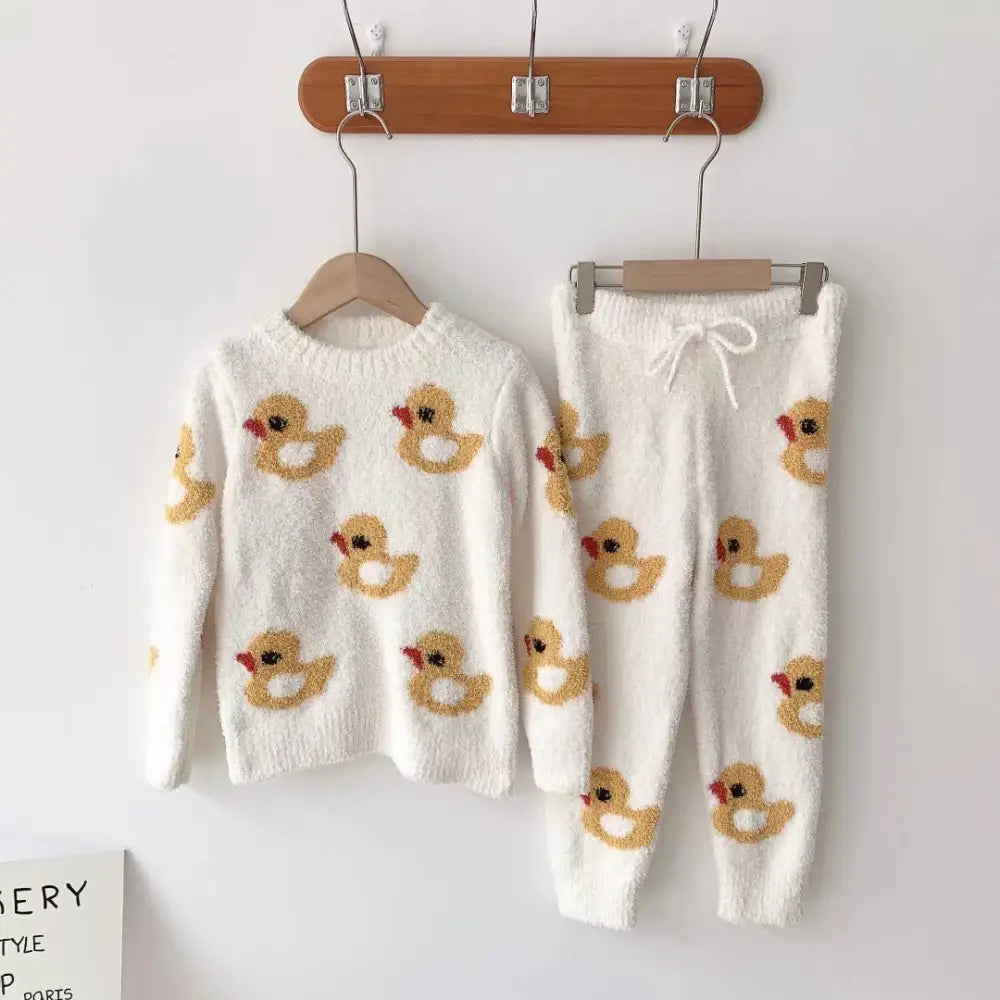 秋冬 ソフト フワフワ 親子 子供 可愛い 黄色いアヒル カーディガン 丸首 長袖 長ズボン パジャマ セット ID3267 ホワイト / XS / プルオーバー