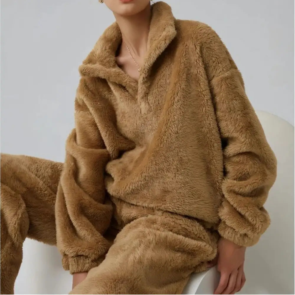 秋冬 無地 パジャマ レディース カジュアル セット ゆるい 長袖 外出可能 ID3591 ブラウン / M