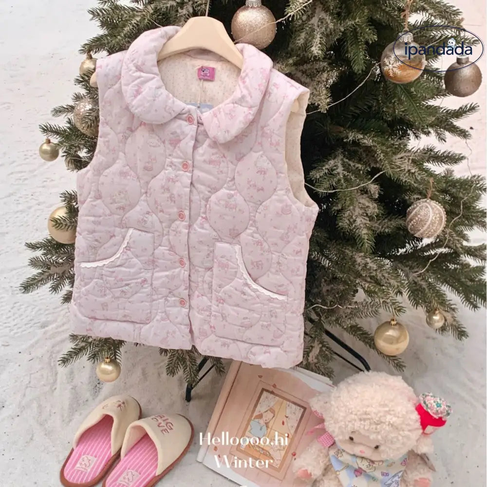 秋冬 新作 ベスト カートゥーン フラワーパターン ドールカラー パジャマ ベスト 女性用 かわいい 可愛い 暖かい あったか ID3661 レディース＞トップス