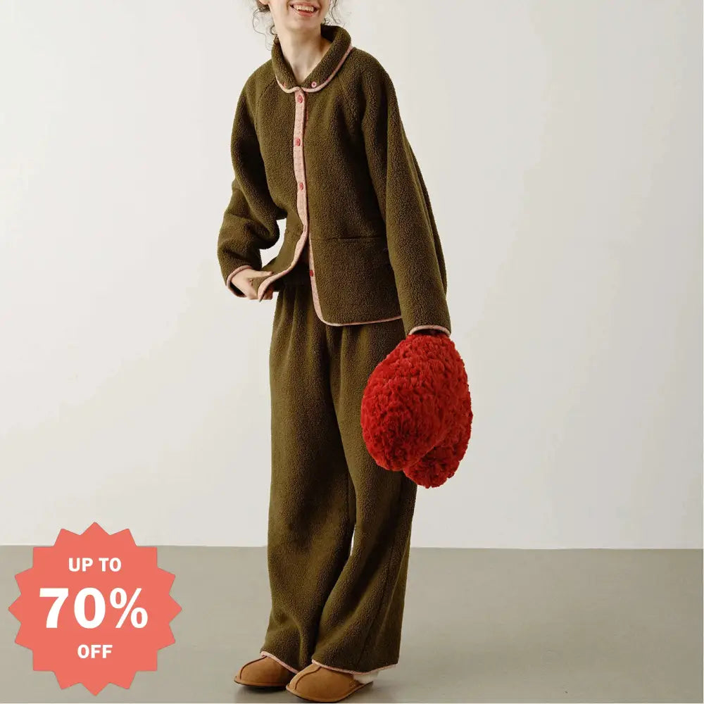 秋冬 新作 フラワー柄 フリース パジャマ レディース 長袖 長ズボン 保温 ルームウェア セットアップ ID3477 写真通り / S