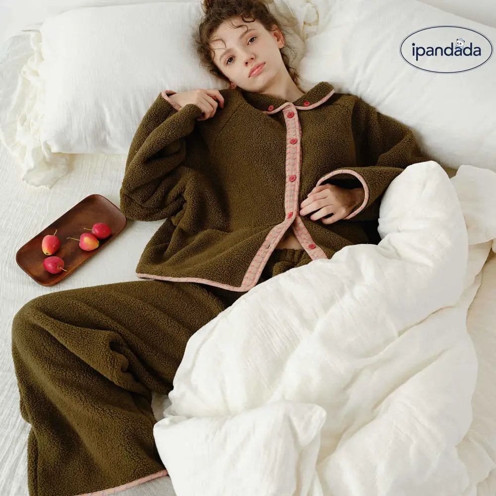 秋冬 新作 フラワー柄 フリース パジャマ レディース 長袖 長ズボン 保温 ルームウェア セットアップ ID3477