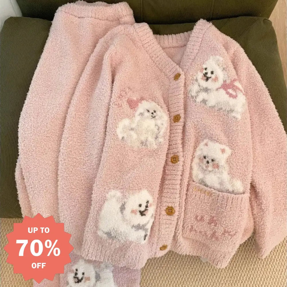 秋冬 新作 カートゥーン 小犬 ニット フリース パジャマ 女性用 冬用 大きいサイズ 厚手 フリース ルームウェア セット 彼女 クリスマスプレゼント ID3258 ピンク / S レディース＞セットアップ