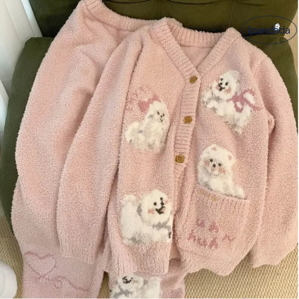 秋冬 新作 カートゥーン 小犬 ニット フリース パジャマ 女性用 冬用 大きいサイズ 厚手 フリース ルームウェア セット 彼女 クリスマスプレゼント ID3258 レディース＞セットアップ