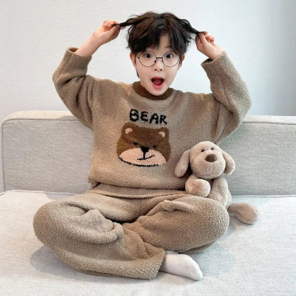 秋冬 新作 長袖 フリース 男の子 パジャマ 厚手 保温 加厚 キッズ ルームウェア セット ID2966 ブラウン / 100cm