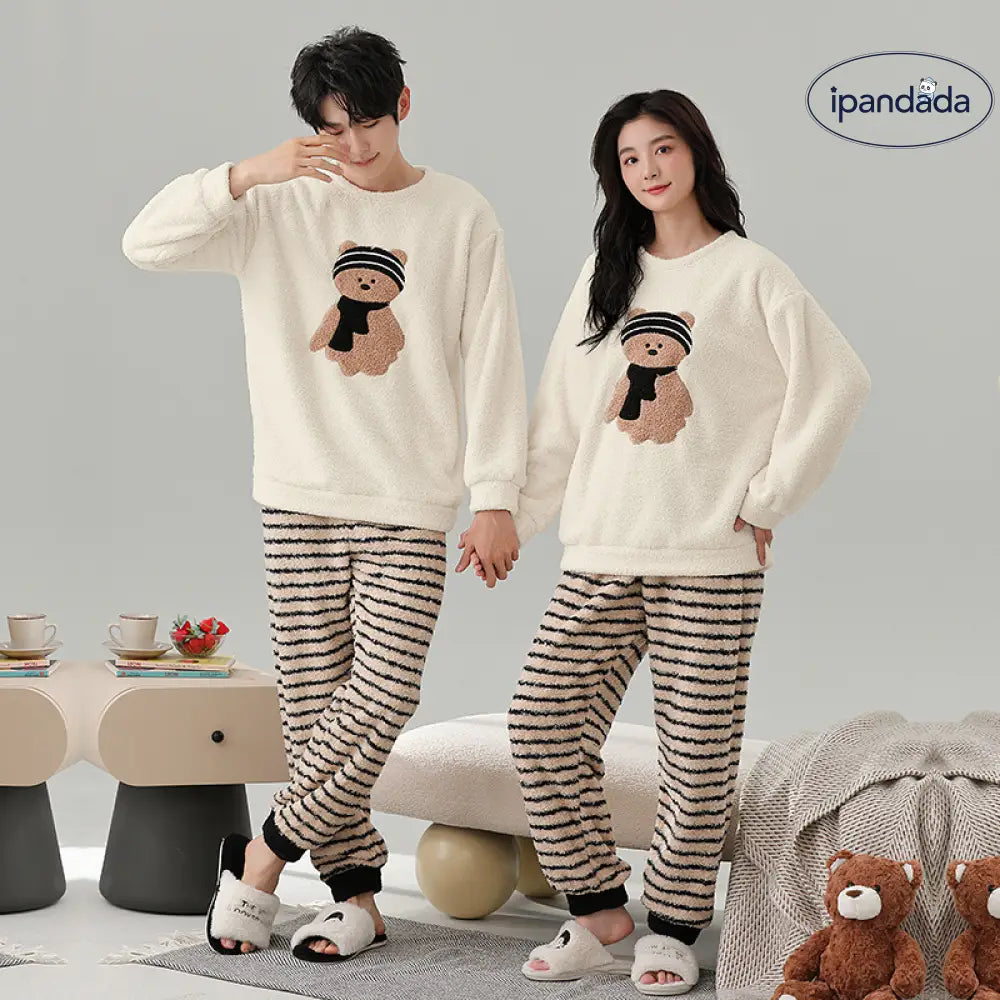 秋冬用 保温 フリース カップル用 パジャマ ラウンドネック 長袖 裏起毛 厚手 かわいい 男女兼用 ルームウェア セット ID3560