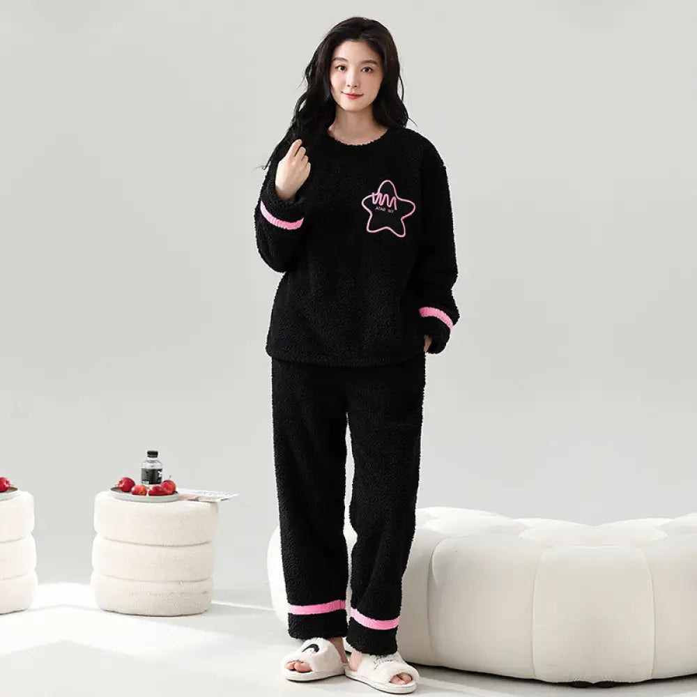 秋冬用 保温 フリース カップル用 パジャマ ラウンドネック 長袖 裏起毛 厚手 かわいい 男女兼用 ルームウェア セット ID3560 タイプ④ / レディースＭ