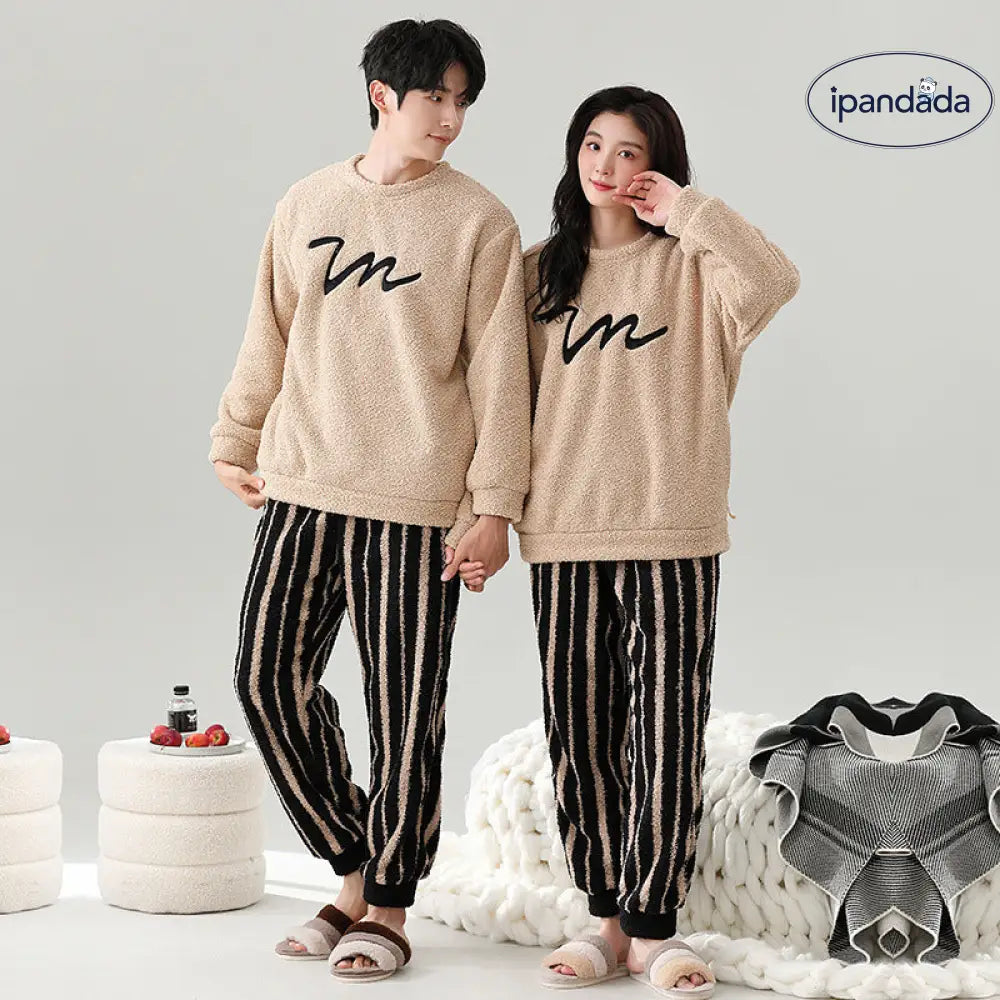 秋冬用 保温 フリース カップル用 パジャマ ラウンドネック 長袖 裏起毛 厚手 かわいい 男女兼用 ルームウェア セット ID3560