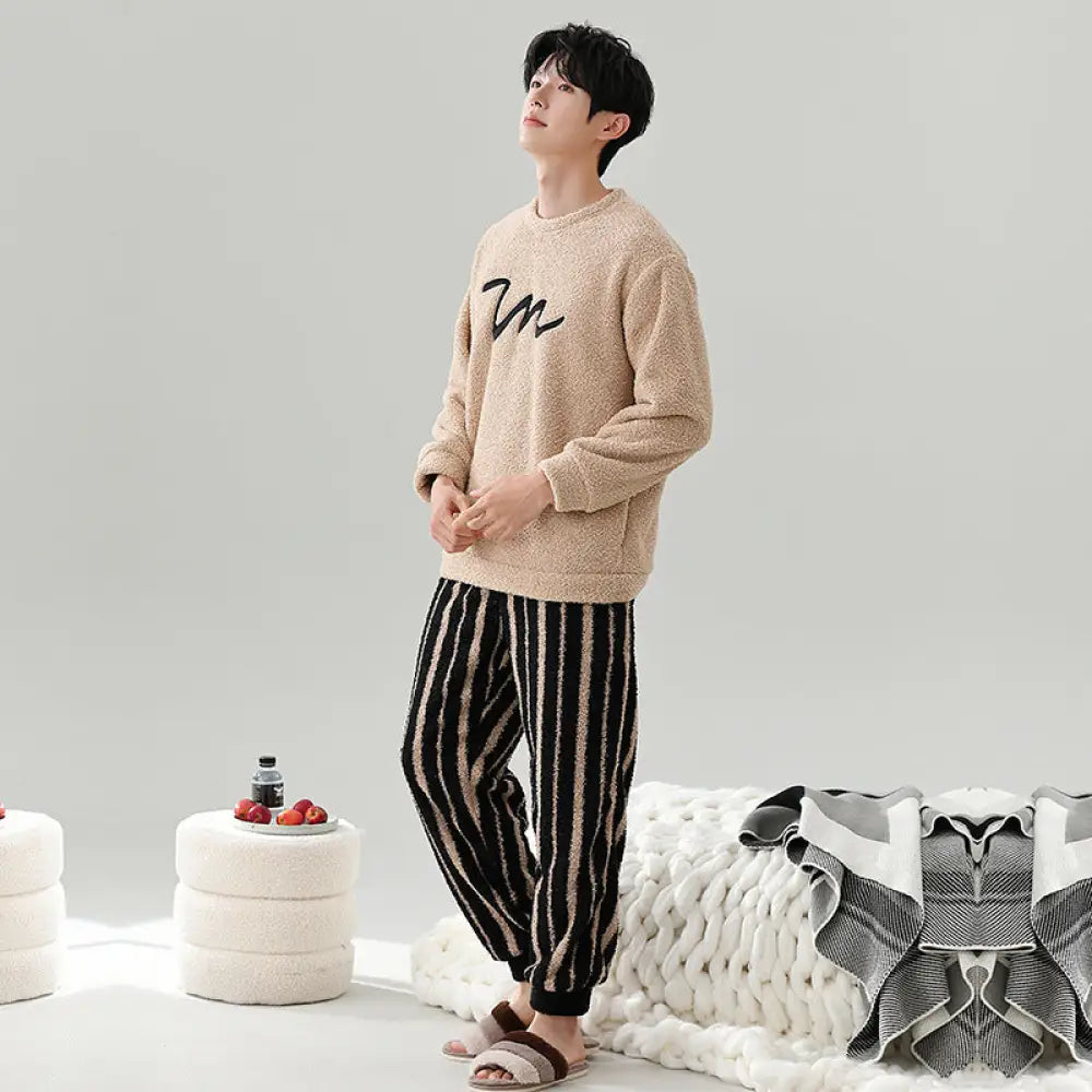 秋冬用 保温 フリース カップル用 パジャマ ラウンドネック 長袖 裏起毛 厚手 かわいい 男女兼用 ルームウェア セット ID3560 タイプ③ / メンズL