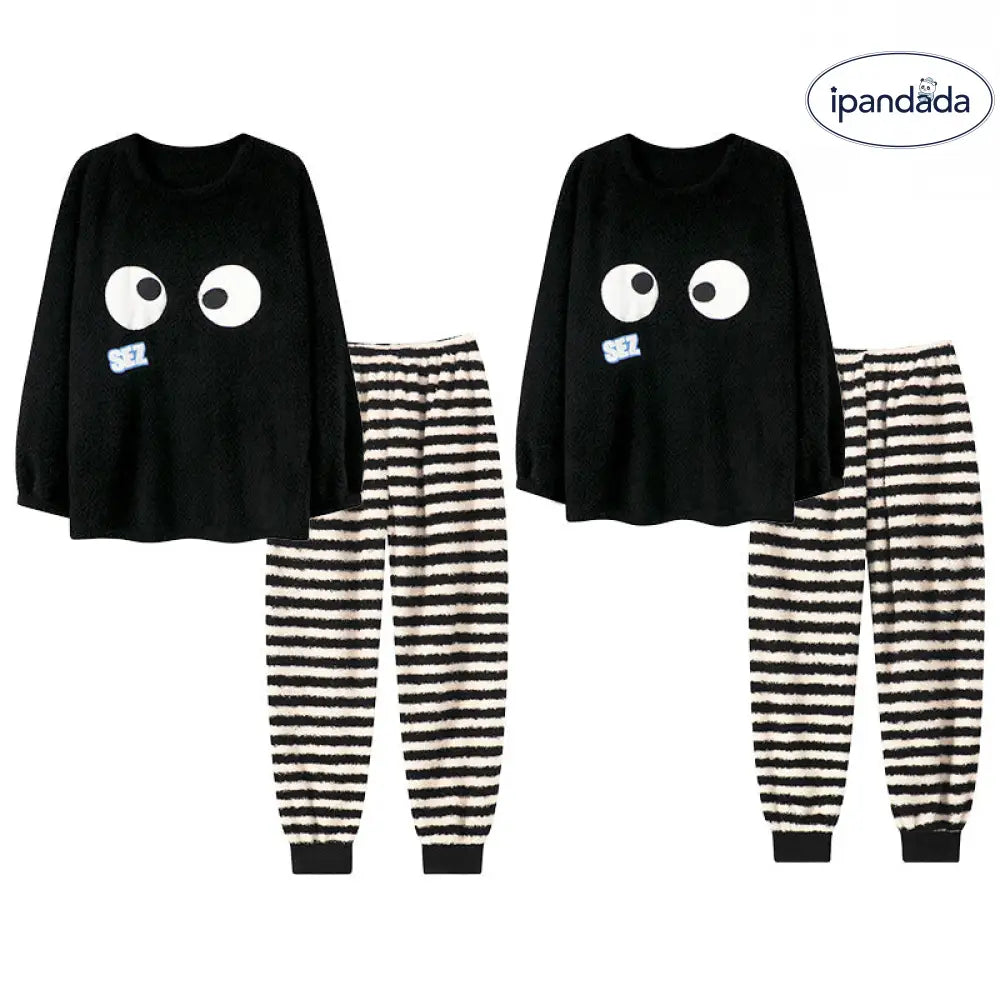 秋冬用 保温 フリース カップル用 パジャマ ラウンドネック 長袖 裏起毛 厚手 かわいい 男女兼用 ルームウェア セット ID3560