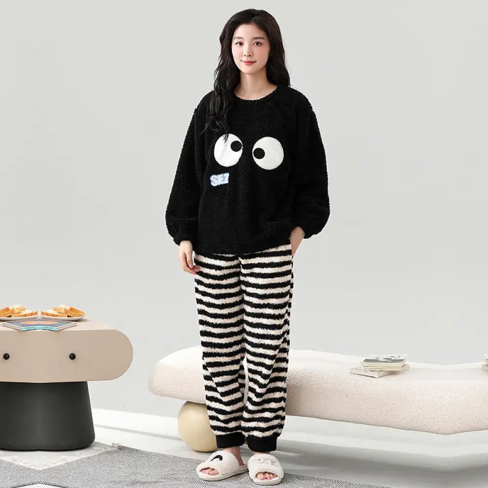 秋冬用 保温 フリース カップル用 パジャマ ラウンドネック 長袖 裏起毛 厚手 かわいい 男女兼用 ルームウェア セット ID3560 タイプ① / レディースＭ