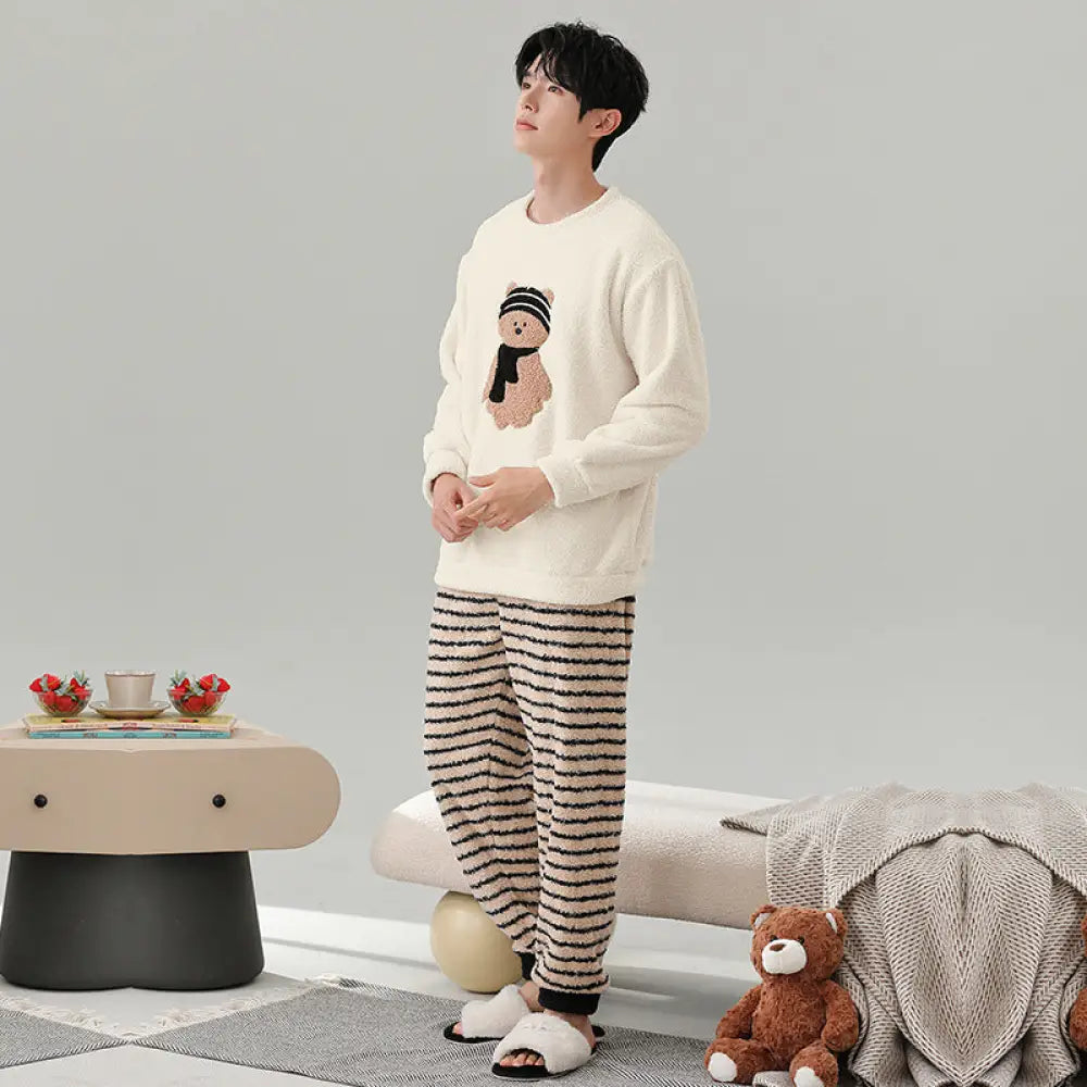 秋冬用 保温 フリース カップル用 パジャマ ラウンドネック 長袖 裏起毛 厚手 かわいい 男女兼用 ルームウェア セット ID3560 タイプ② / メンズL