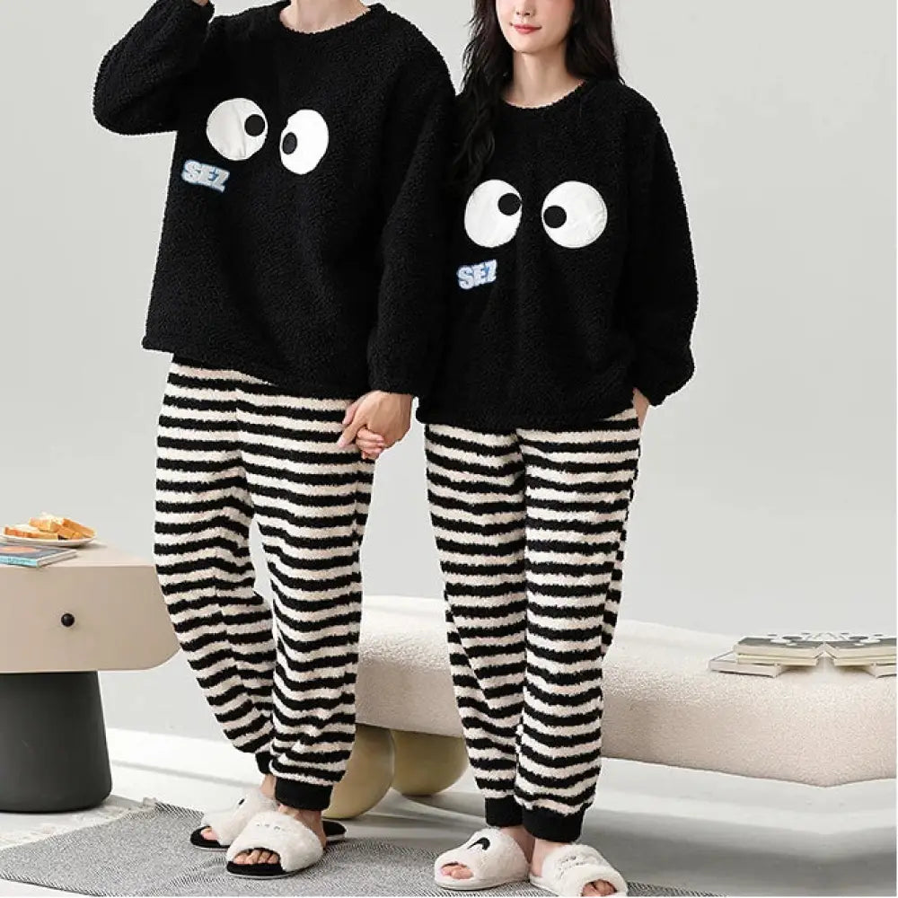秋冬用 保温 フリース カップル用 パジャマ ラウンドネック 長袖 裏起毛 厚手 かわいい 男女兼用 ルームウェア セット ID3560