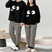 秋冬用 保温 フリース カップル用 パジャマ ラウンドネック 長袖 裏起毛 厚手 かわいい 男女兼用 ルームウェア セット ID3560