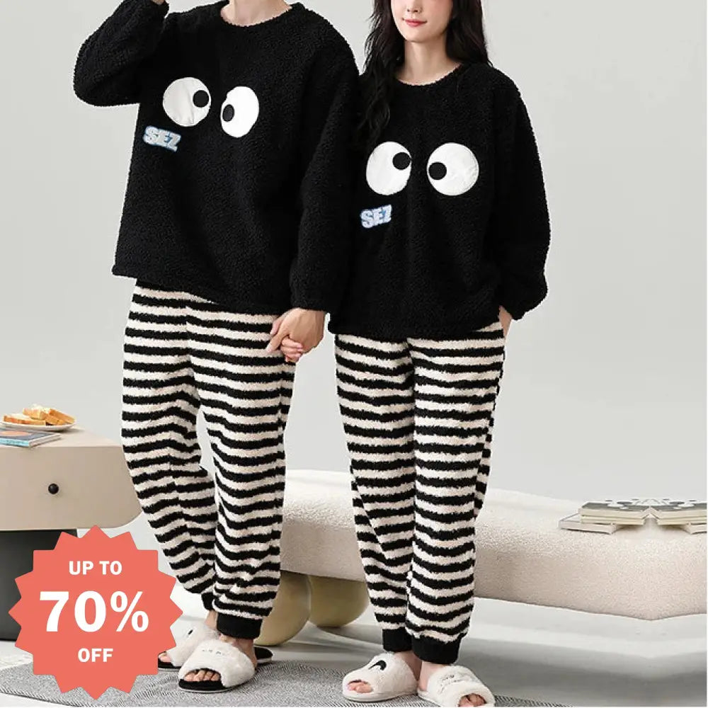 秋冬用 保温 フリース カップル用 パジャマ ラウンドネック 長袖 裏起毛 厚手 かわいい 男女兼用 ルームウェア セット ID3560