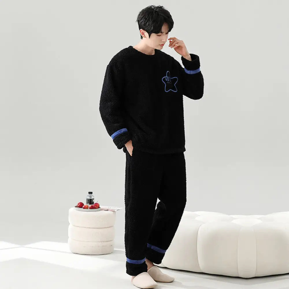 秋冬用 保温 フリース カップル用 パジャマ ラウンドネック 長袖 裏起毛 厚手 かわいい 男女兼用 ルームウェア セット ID3560 タイプ④ / メンズL