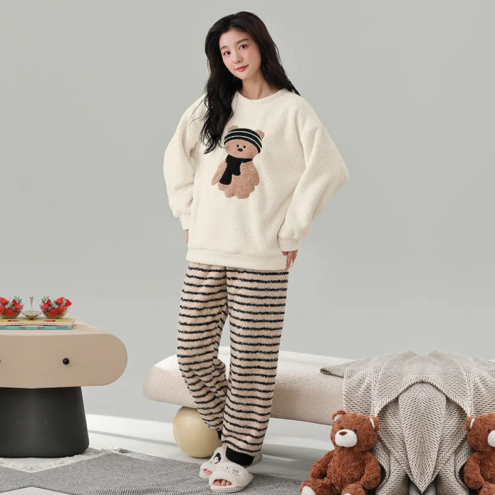 秋冬用 保温 フリース カップル用 パジャマ ラウンドネック 長袖 裏起毛 厚手 かわいい 男女兼用 ルームウェア セット ID3560 タイプ② / レディースＭ