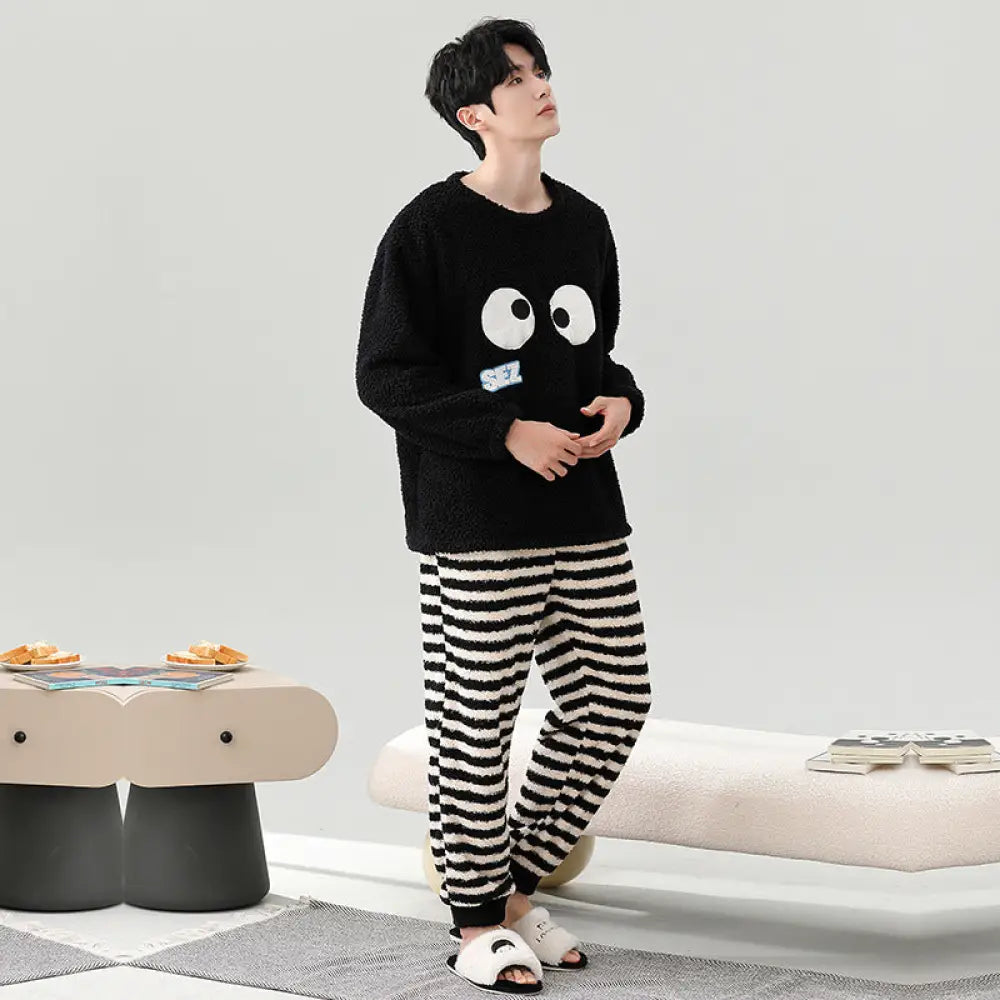 秋冬用 保温 フリース カップル用 パジャマ ラウンドネック 長袖 裏起毛 厚手 かわいい 男女兼用 ルームウェア セット ID3560 タイプ① / メンズL