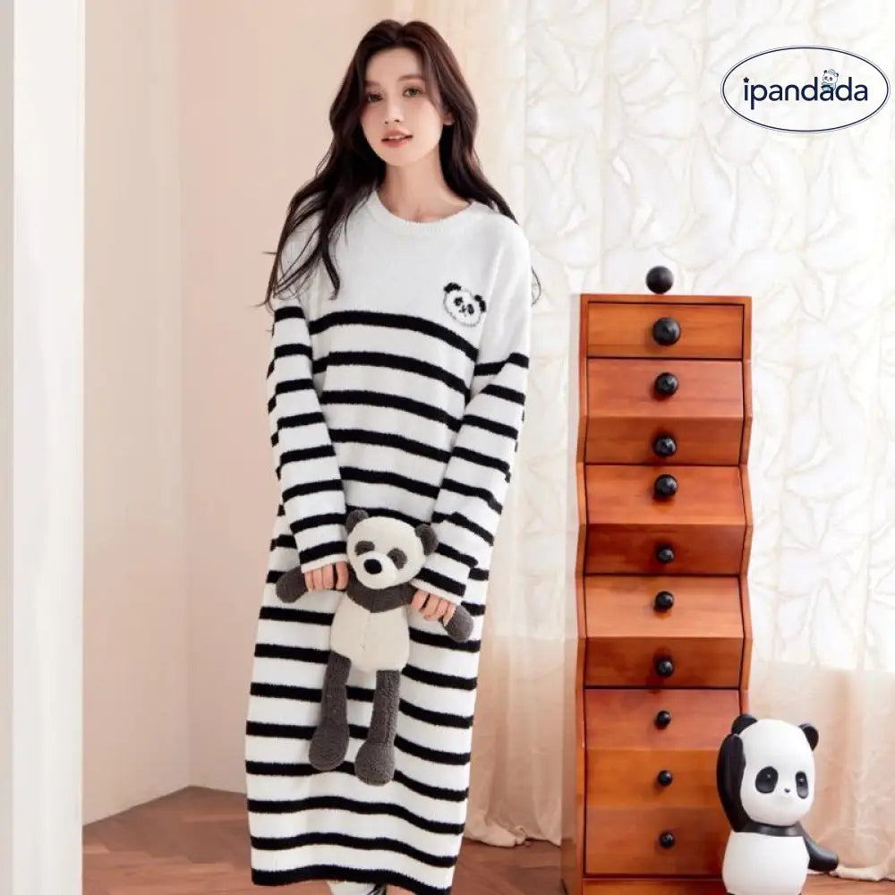 秋冬用 フリース パジャマ 部屋着 可愛い 暖かい あったか 長袖 部屋着 ワンピース ルームウェア スリップ ストライプ パンダ ID3670 写真通り / フリー レディース＞ワンピース