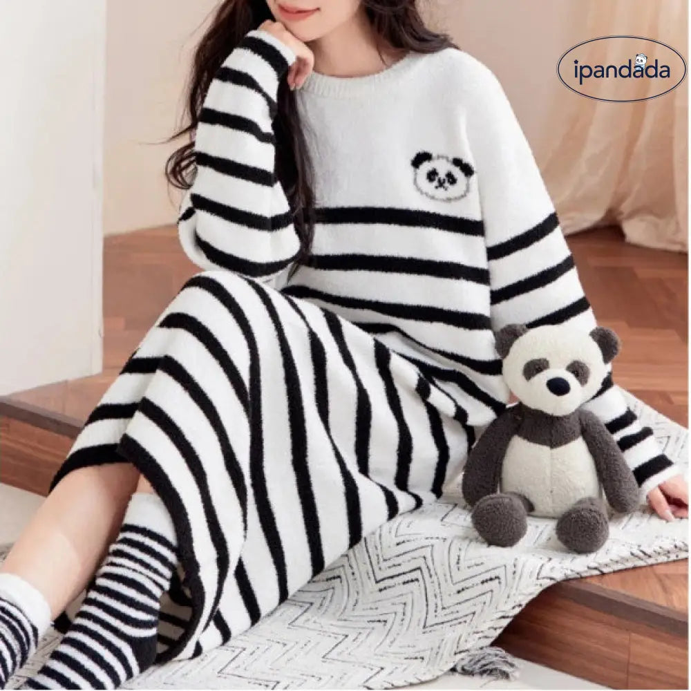 秋冬用 フリース パジャマ 部屋着 可愛い 暖かい あったか 長袖 部屋着 ワンピース ルームウェア スリップ ストライプ パンダ ID3670 写真通り / フリー レディース＞ワンピース