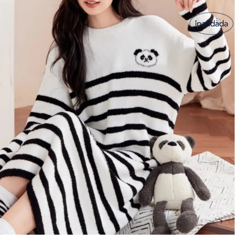 秋冬用 フリース パジャマ 部屋着 可愛い 暖かい あったか 長袖 部屋着 ワンピース ルームウェア スリップ ストライプ パンダ ID3670 写真通り / フリー レディース＞ワンピース