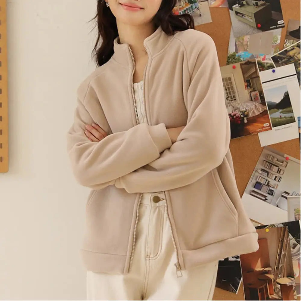 秋冬用 厚手 フリース ジャケット レディース 暖かい フリース カーディガン アウター 長袖 トップス カジュアルシャツ ID3795 ベージュ / M