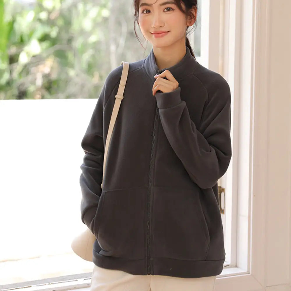 秋冬用 厚手 フリース ジャケット レディース 暖かい フリース カーディガン アウター 長袖 トップス カジュアルシャツ ID3795 ダークグレー / M