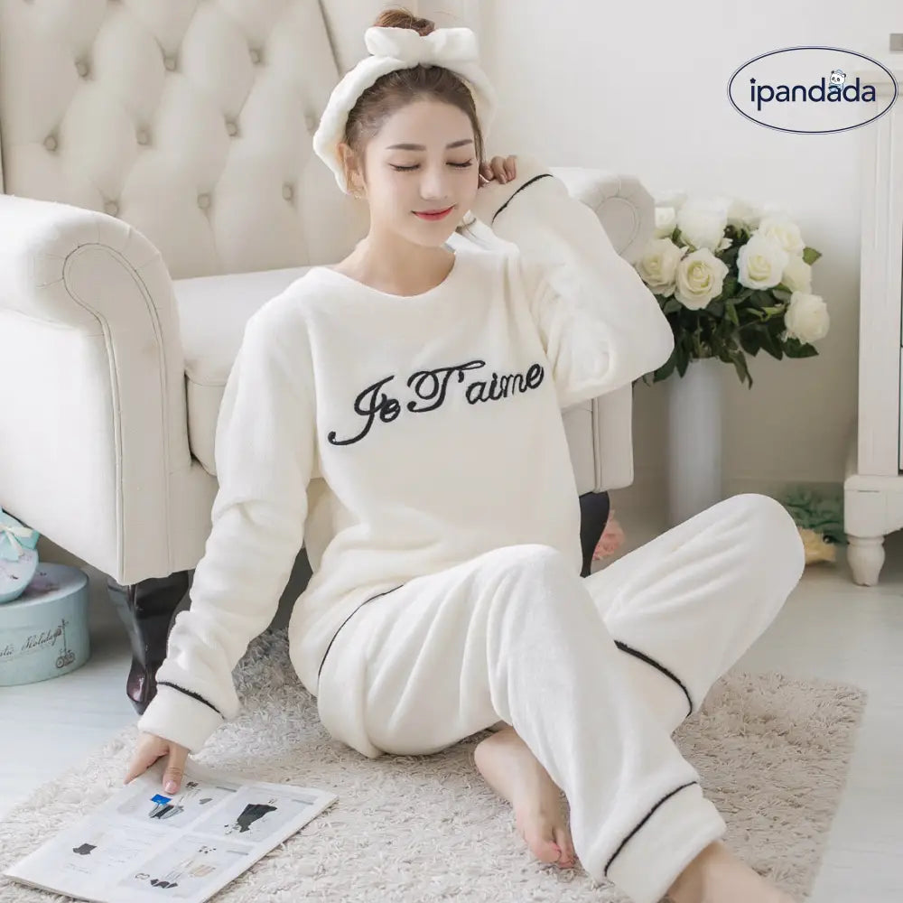 秋冬用 厚手 コーラルフリース パジャマ 女性 韓国風 裏起毛 保温 フランネル 外出可能 学生用 ルームウェア セット ID2788
