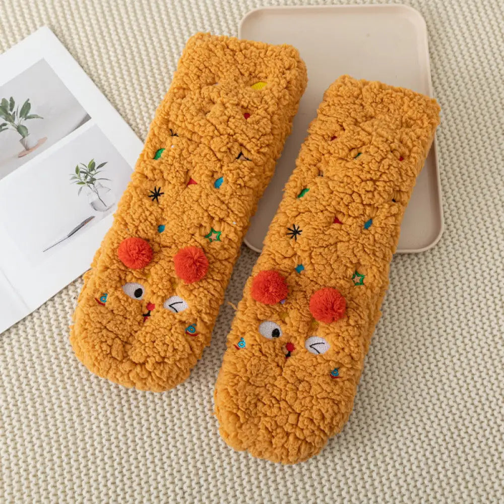 秋冬用 カートゥーン 刺繍 動物 レディース ソックス 羊毛 フリース 厚手 ルーム ソックス 滑り止め 睡眠用 足元暖かい フロア ソックス ID2577 ブラウン / フリー