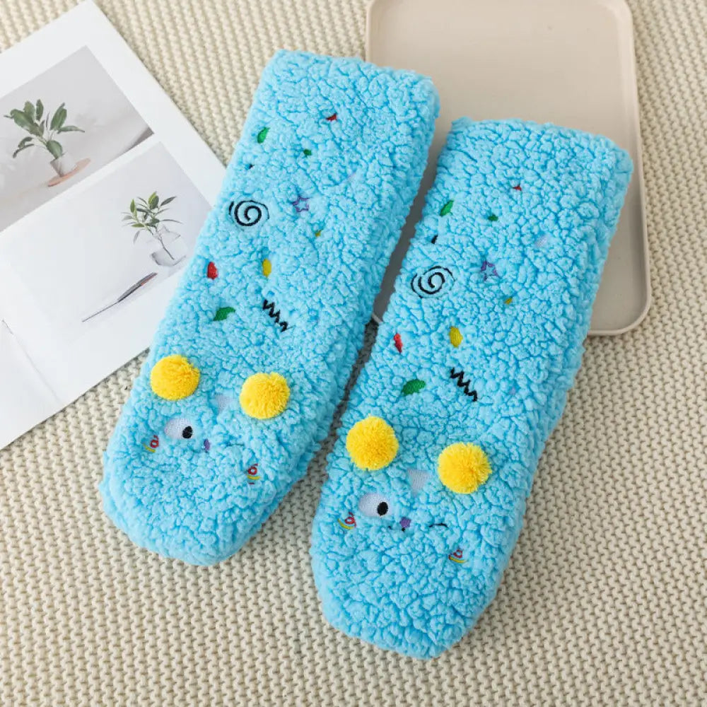秋冬用 カートゥーン 刺繍 動物 レディース ソックス 羊毛 フリース 厚手 ルーム ソックス 滑り止め 睡眠用 足元暖かい フロア ソックス ID2577 ブルー / フリー