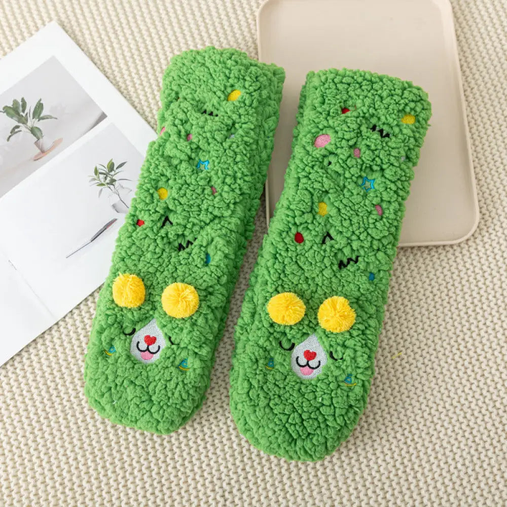 秋冬用 カートゥーン 刺繍 動物 レディース ソックス 羊毛 フリース 厚手 ルーム ソックス 滑り止め 睡眠用 足元暖かい フロア ソックス ID2577 グリーン / フリー