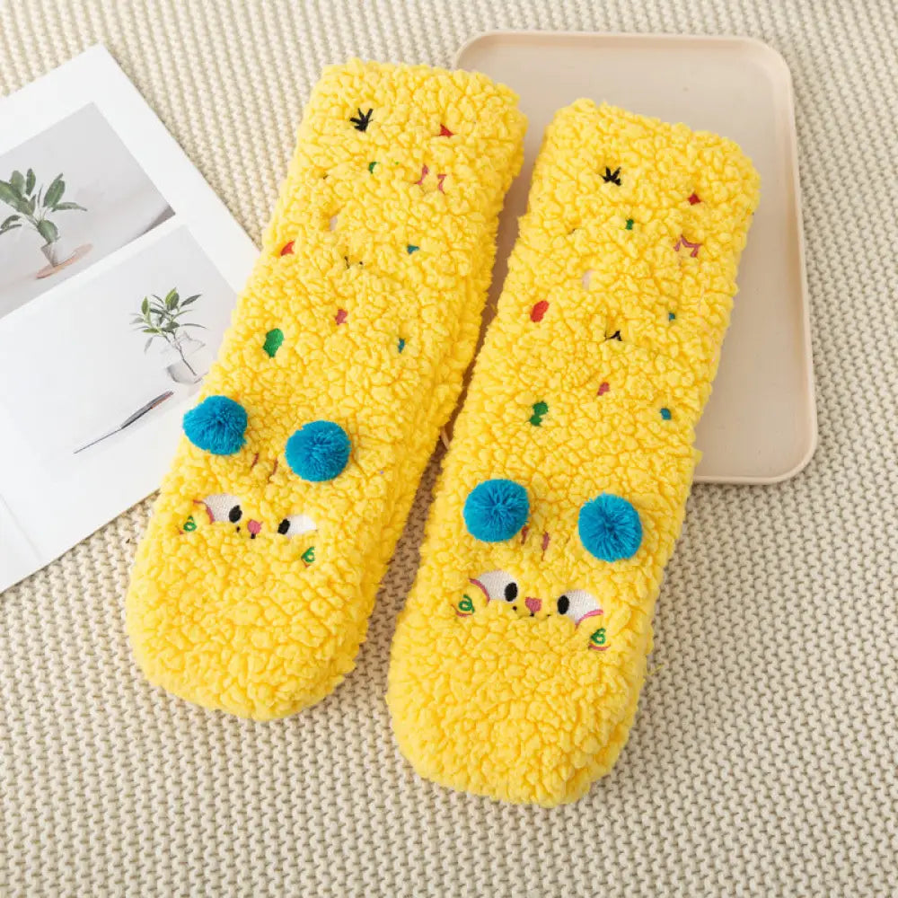 秋冬用 カートゥーン 刺繍 動物 レディース ソックス 羊毛 フリース 厚手 ルーム ソックス 滑り止め 睡眠用 足元暖かい フロア ソックス ID2577 イエロー / フリー