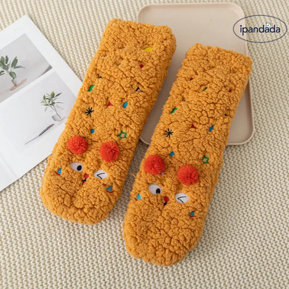 秋冬用 カートゥーン 刺繍 動物 レディース ソックス 羊毛 フリース 厚手 ルーム ソックス 滑り止め 睡眠用 足元暖かい フロア ソックス ID2577