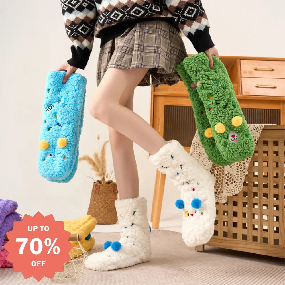 秋冬用 カートゥーン 刺繍 動物 レディース ソックス 羊毛 フリース 厚手 ルーム ソックス 滑り止め 睡眠用 足元暖かい フロア ソックス ID2577