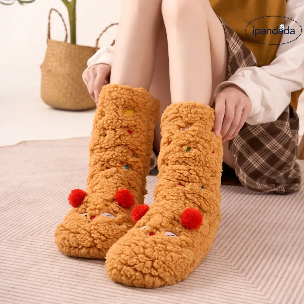 秋冬用 カートゥーン 刺繍 動物 レディース ソックス 羊毛 フリース 厚手 ルーム ソックス 滑り止め 睡眠用 足元暖かい フロア ソックス ID2577