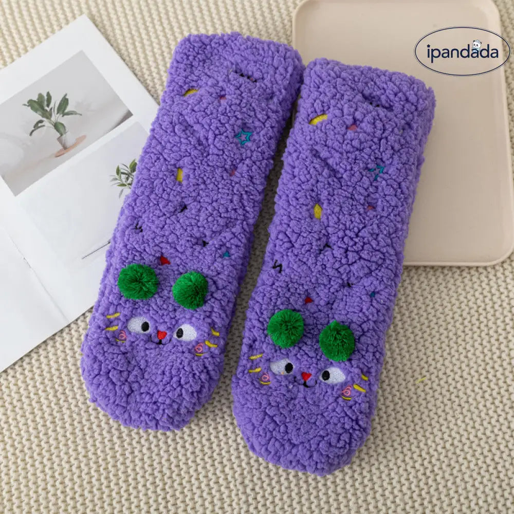 秋冬用 カートゥーン 刺繍 動物 レディース ソックス 羊毛 フリース 厚手 ルーム ソックス 滑り止め 睡眠用 足元暖かい フロア ソックス ID2577