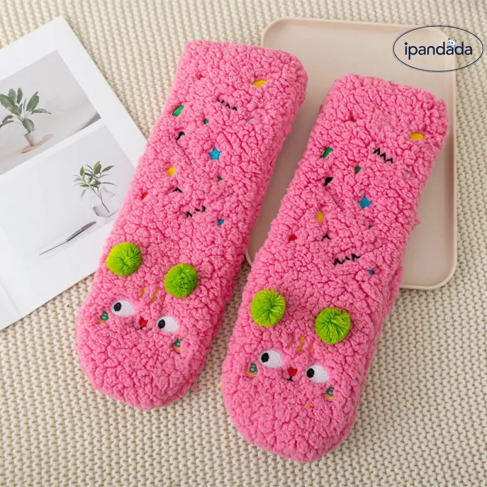 秋冬用 カートゥーン 刺繍 動物 レディース ソックス 羊毛 フリース 厚手 ルーム ソックス 滑り止め 睡眠用 足元暖かい フロア ソックス ID2577