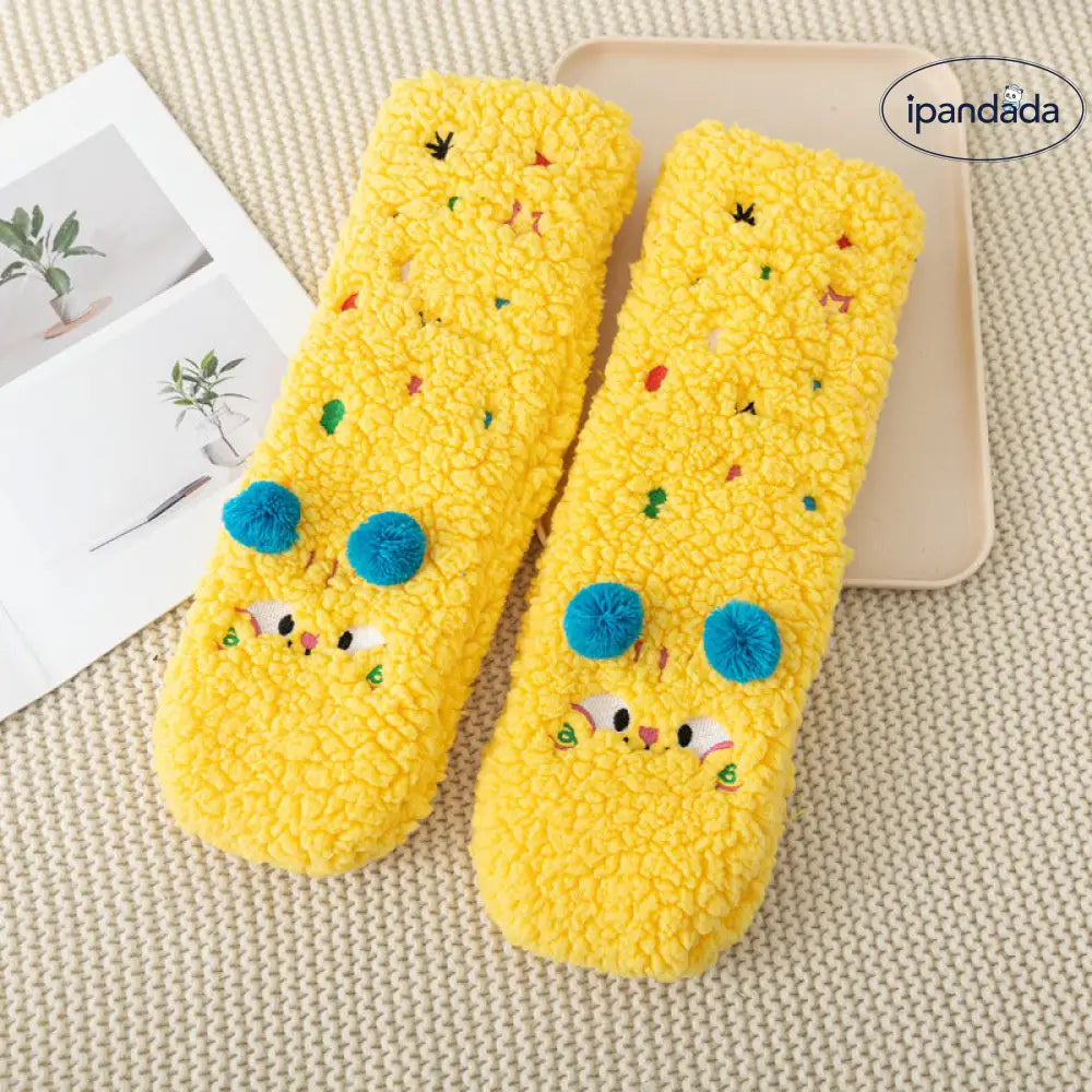 秋冬用 カートゥーン 刺繍 動物 レディース ソックス 羊毛 フリース 厚手 ルーム ソックス 滑り止め 睡眠用 足元暖かい フロア ソックス ID2577
