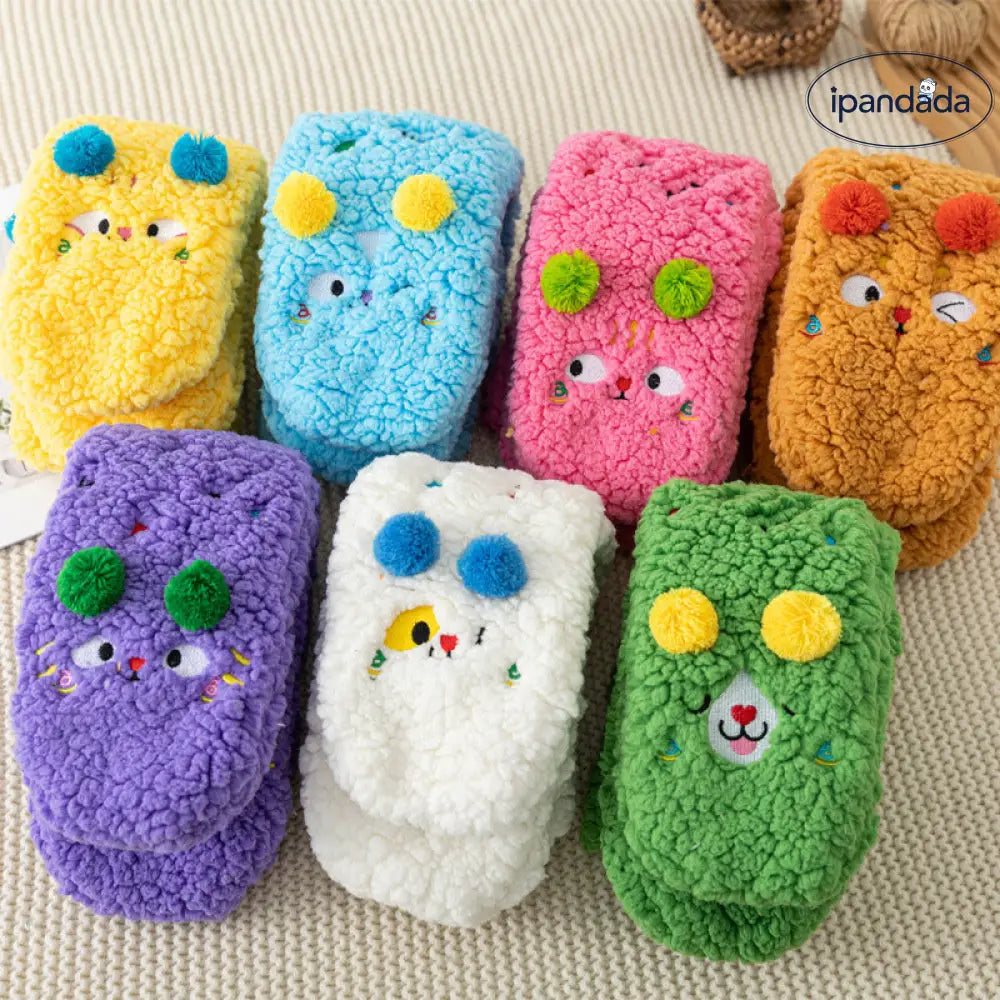 秋冬用 カートゥーン 刺繍 動物 レディース ソックス 羊毛 フリース 厚手 ルーム ソックス 滑り止め 睡眠用 足元暖かい フロア ソックス ID2577