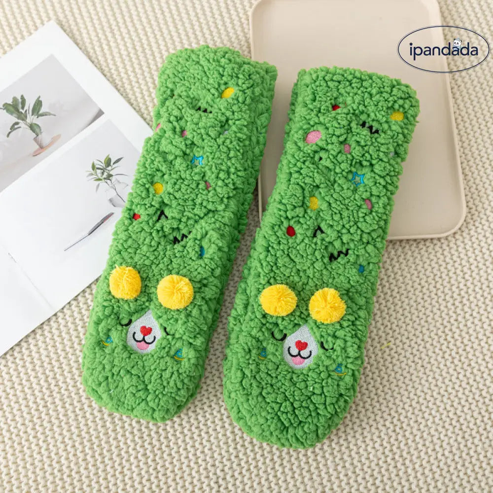 秋冬用 カートゥーン 刺繍 動物 レディース ソックス 羊毛 フリース 厚手 ルーム ソックス 滑り止め 睡眠用 足元暖かい フロア ソックス ID2577