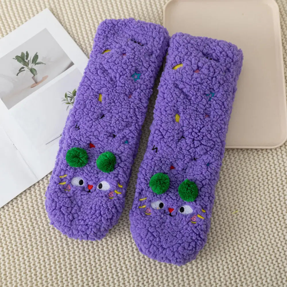 秋冬用 カートゥーン 刺繍 動物 レディース ソックス 羊毛 フリース 厚手 ルーム ソックス 滑り止め 睡眠用 足元暖かい フロア ソックス ID2577 パープル / フリー