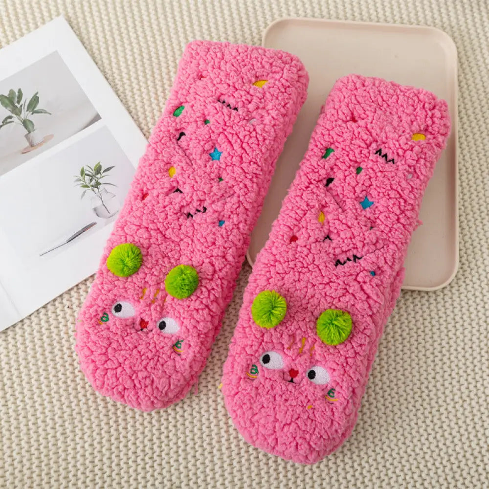 秋冬用 カートゥーン 刺繍 動物 レディース ソックス 羊毛 フリース 厚手 ルーム ソックス 滑り止め 睡眠用 足元暖かい フロア ソックス ID2577 ピンク / フリー