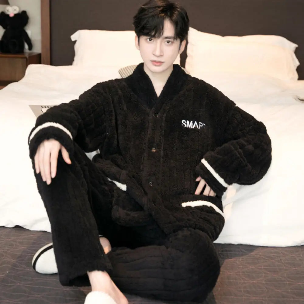 秋冬用 コーラル フリース パジャマ メンズ 厚手 フリース フランネル 保温 大きいサイズ 新作 部屋着 セット ID3168 ブラック / L