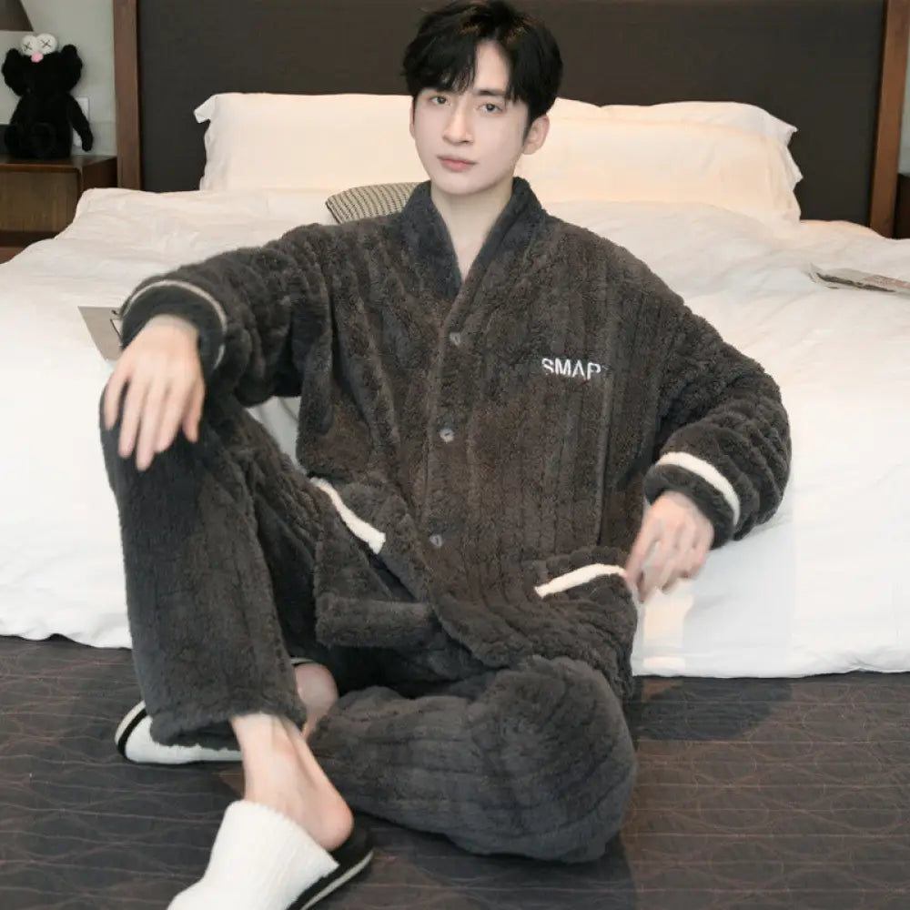 秋冬用 コーラル フリース パジャマ メンズ 厚手 フリース フランネル 保温 大きいサイズ 新作 部屋着 セット ID3168 ダークグレー / L