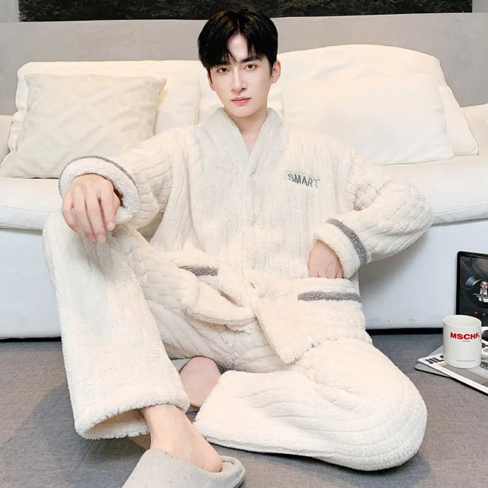 秋冬用 コーラル フリース パジャマ メンズ 厚手 フリース フランネル 保温 大きいサイズ 新作 部屋着 セット ID3168 アイボリー / L