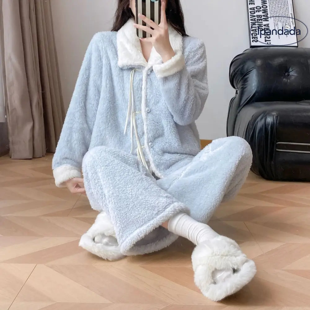 秋冬用 コーラルフリース パジャマ レディース 裏起毛 ダブルフェイス ガウン 保温 ルームウェア セット ID3599