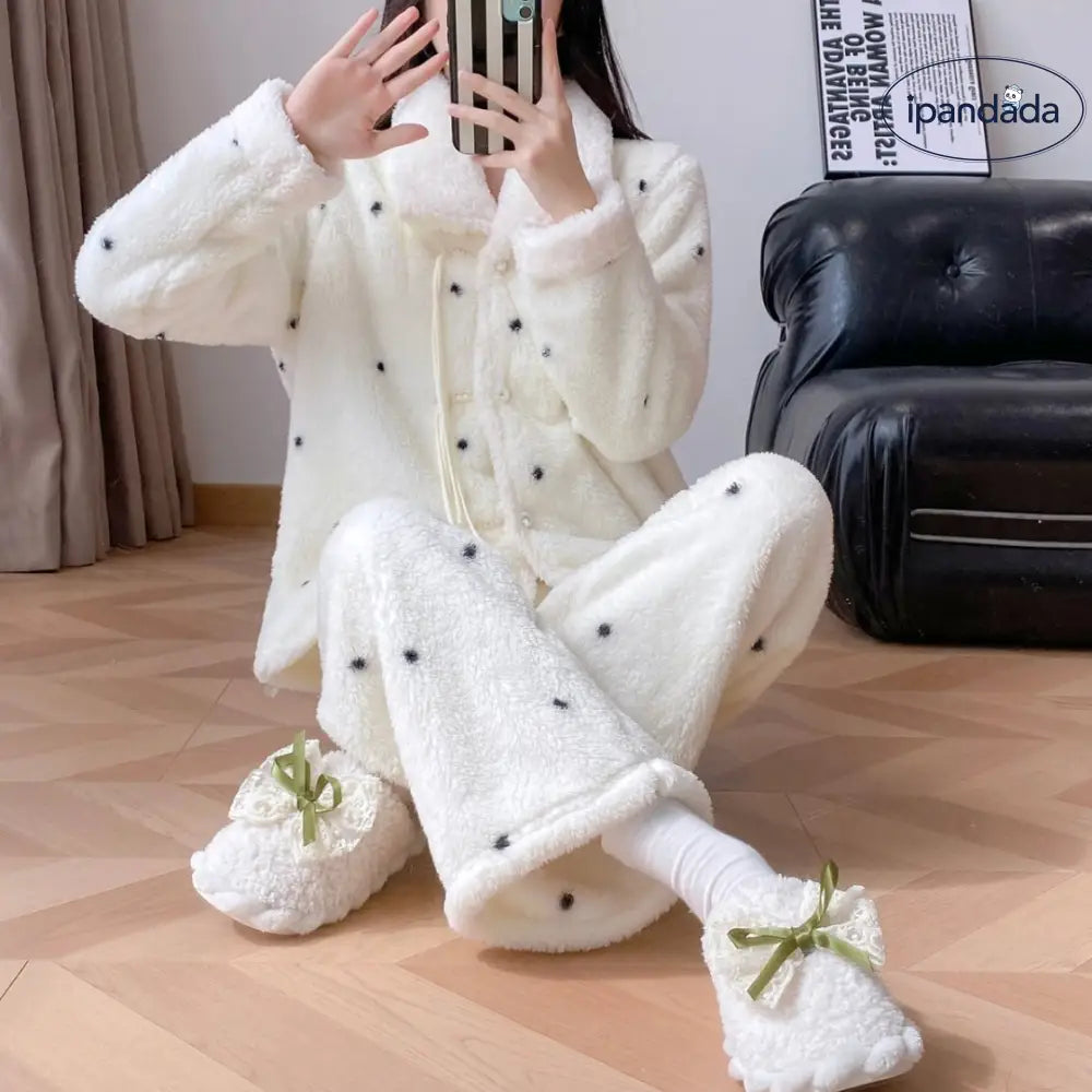 秋冬用 コーラルフリース パジャマ レディース 裏起毛 ダブルフェイス ガウン 保温 ルームウェア セット ID3599