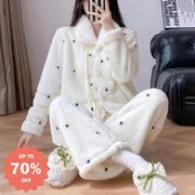 秋冬用 コーラルフリース パジャマ レディース 裏起毛 ダブルフェイス ガウン 保温 ルームウェア セット ID3599 ホワイト / M