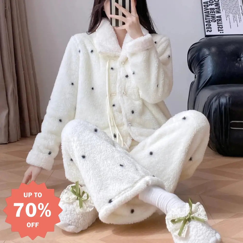 秋冬用 コーラルフリース パジャマ レディース 裏起毛 ダブルフェイス ガウン 保温 ルームウェア セット ID3599 ホワイト / M