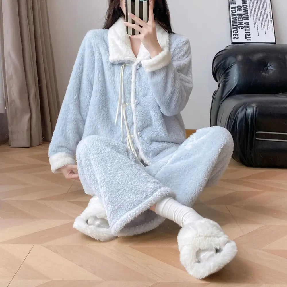 秋冬用 コーラルフリース パジャマ レディース 裏起毛 ダブルフェイス ガウン 保温 ルームウェア セット ID3599 ブルー / M